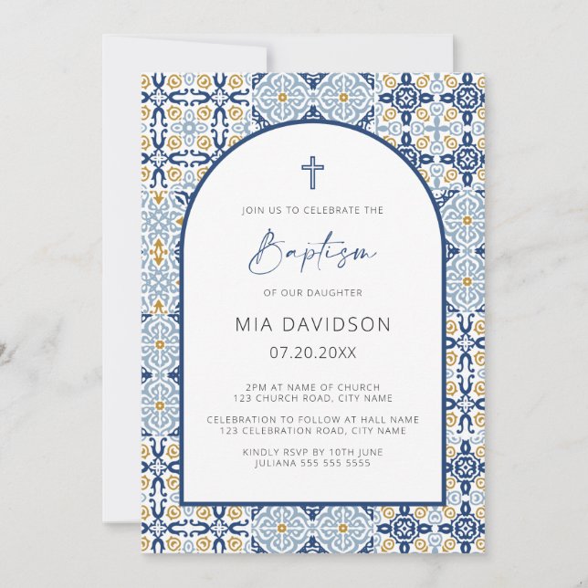 Arch Amalfi Tile Mediterranean Blue Baptism Invitation (Front)