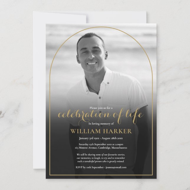 Arch Black and White Photo Celebration of Life Invitation (Front)