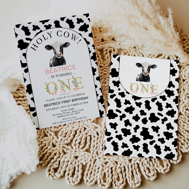 Arch Black Cow Print Holy Cow 1st Birthday  Invitation (Holy Cow 1st Birthday Invitation Template Girl, Black Cow Print 1st Birthday Invitation, Arch Modern)
