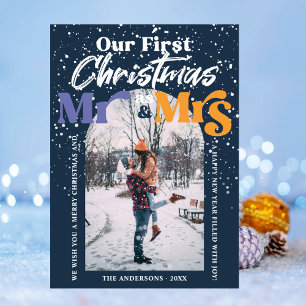 Arch Blue First Christmas Mr and Mrs Couple Photo Holiday Card