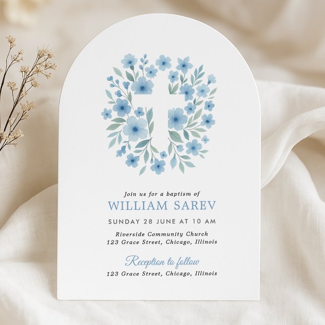 Arch Blue Floral Cross Boy Baptism Invite (
Blue floral arch baptism invite for boys with cross design on soft neutral fabric background.)