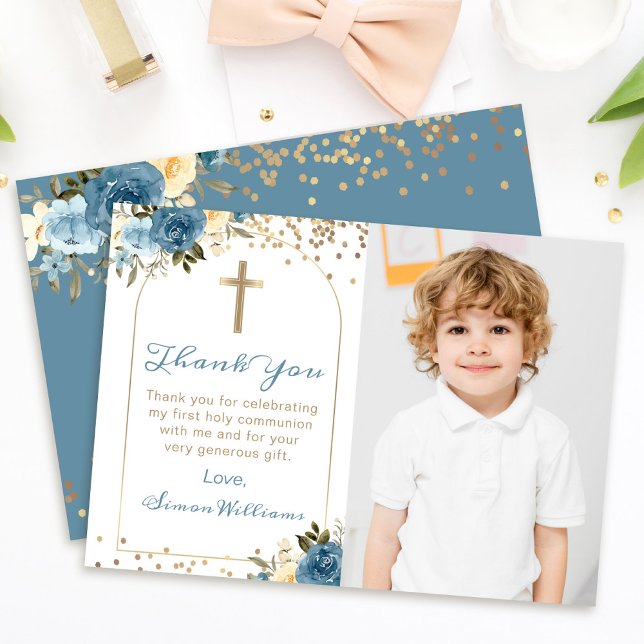 Arch Blue Floral First Holy Communion Photo Thank You Card (Creator Uploaded)