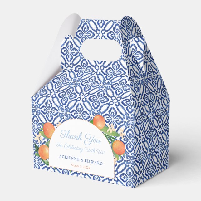 Arch Blue Tiles Oranges Mediterranean Wedding Favour Box (Front Side)