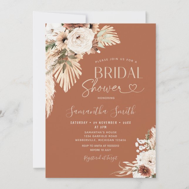 Arch Boho Pampas Grass Floral Bridal Shower Invitation (Front)