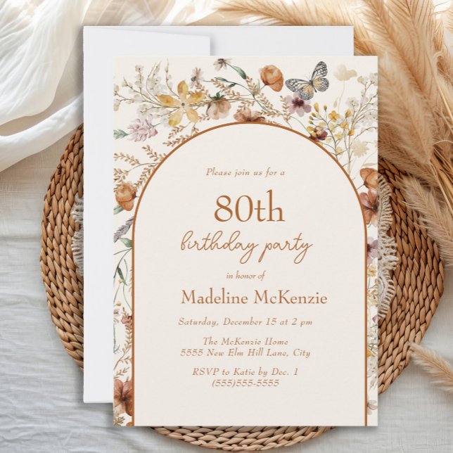 Arch Boho Wildflowers 80th Birthday Invitation (Boho floral and butterfly 80th birthday party invitation)