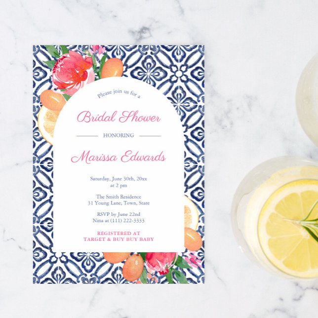 Arch Bold Citrus Floral Blue Tile Wedding Shower Invitation (Creator Uploaded)