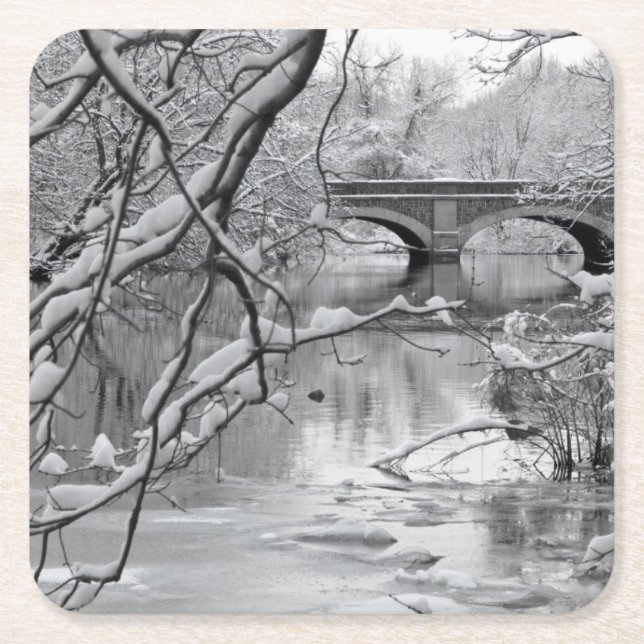 Arch Bridge over Frozen River in Winter Square Paper Coaster (Front)