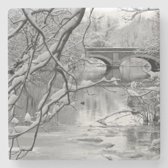 Arch Bridge over Frozen River in Winter Stone Coaster (Front)