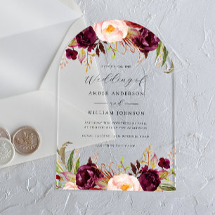 Arch Burgundy Blush Bloom Wedding   Acrylic Invitations