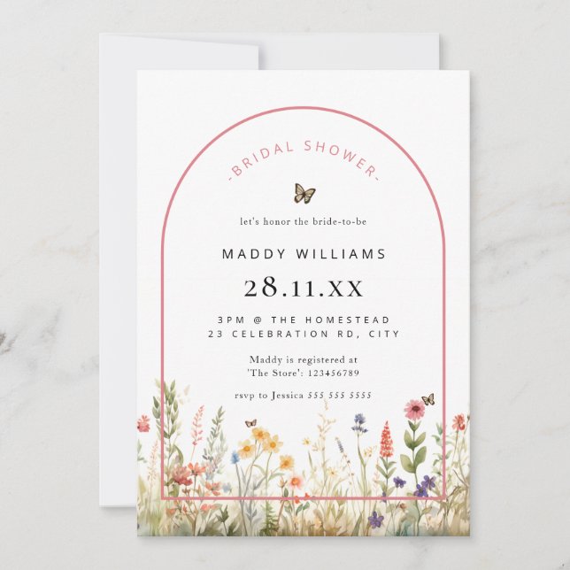 Arch Butterfly Wildflower Bridal Shower Invitation (Front)