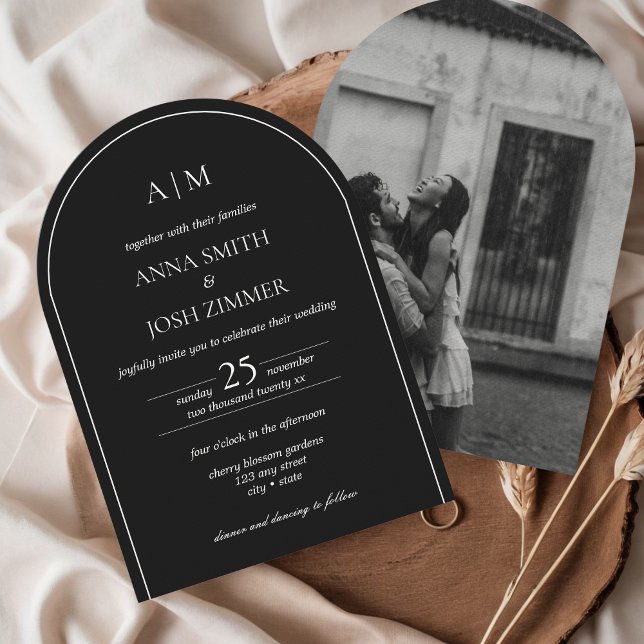 Arch Classy Elegant Simple Minimal Black Wedding Invitation (Minimalist Black Wedding Invitation with Photo - typography, classy, elegant, modern, aesthetic arch)