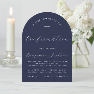 Arch Confirmation Navy Blue Religious Boy Script Invitation