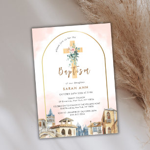 Arch Destination Floral Eucalyptus Cross Baptism Invitation