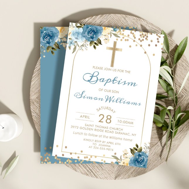 Arch Dusky Blue Floral Gold Glitter Baptism Invitation (Creator Uploaded)
