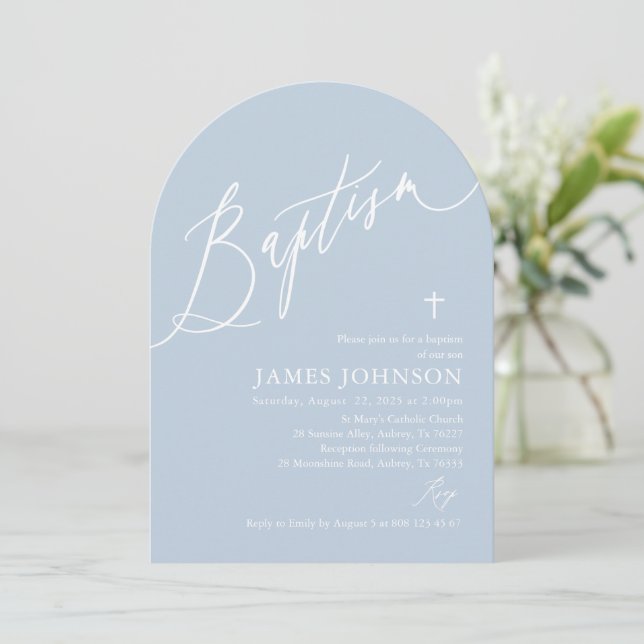 Arch Dusty Blue White Cross Boy Baptism Invitation (Standing Front)