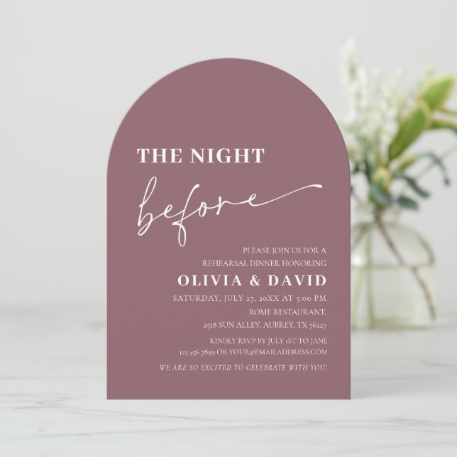 Arch Dusty Purple Night Before Rehearsal Dinner Invitation (Standing Front)