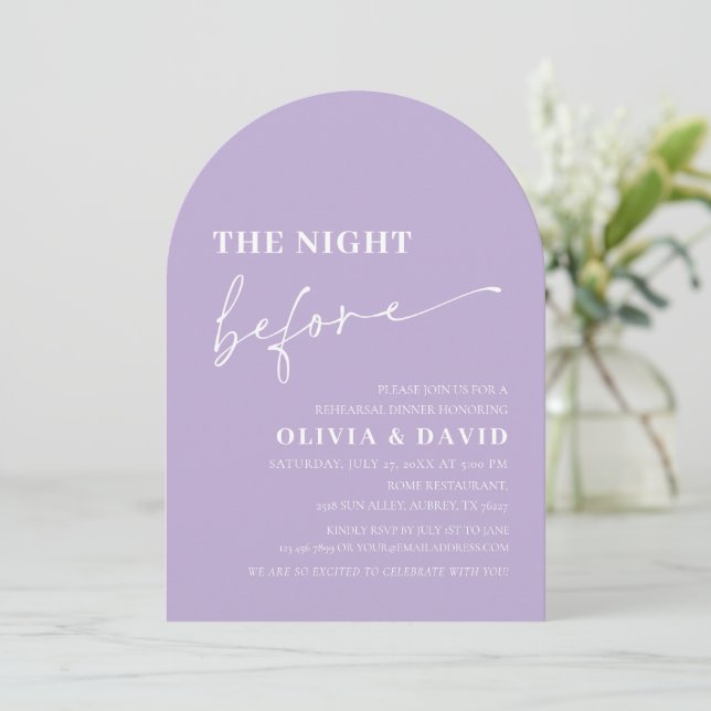 Arch Dusty Purple Night Before Rehearsal Dinner Invitation (Standing Front)