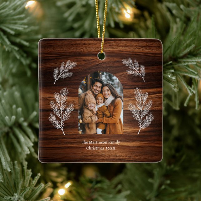 Arch Family Photo White Pine Branches Woodgrain  Ceramic Ornament (Tree)
