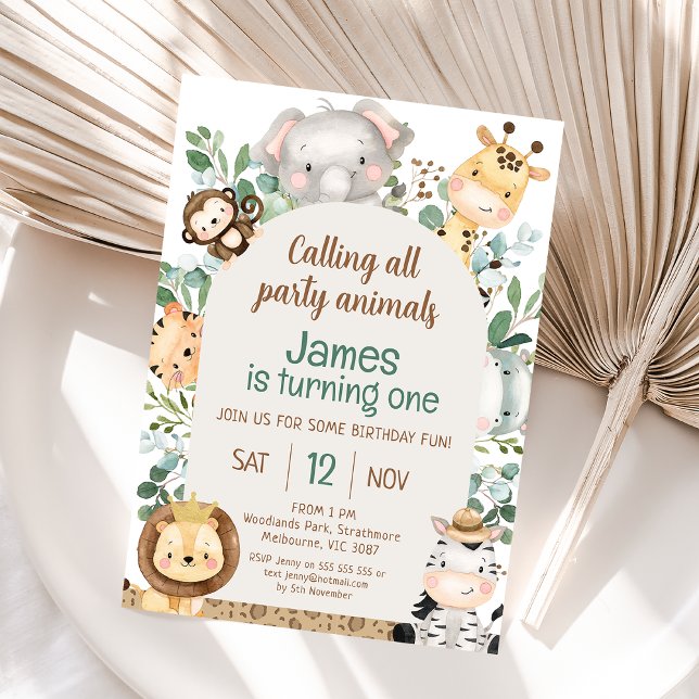 Arch Foliage Safari Party Animals 1st Birthday Invitation (Safari calling all party animals 1st birthday invitation featuring eight jungle animals and arch.)