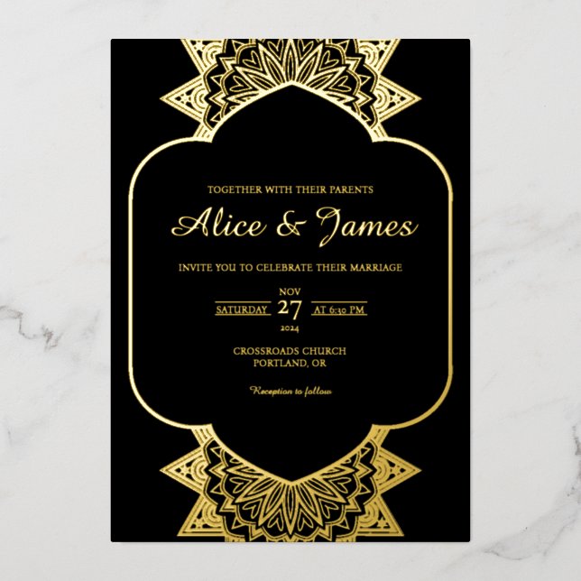 Arch Frame Mandala Elegant Black Gold Foil Wedding (Front)