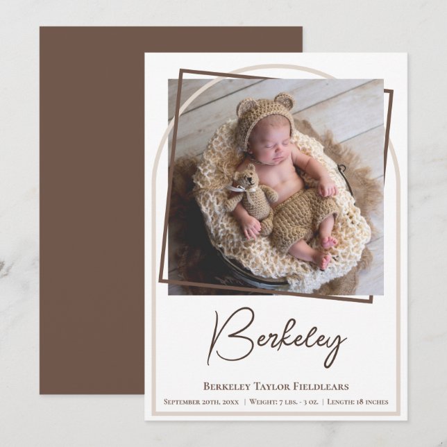 Arch Frame Modern Photo Baby Birth  Announcement (Front/Back)
