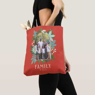Arch Frame Red Floral Merry Christmas Photo Tote Bag