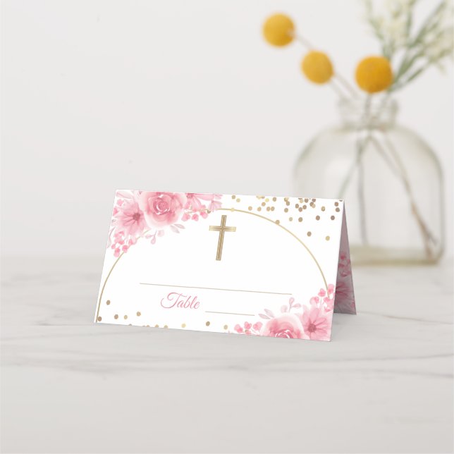 Arch Gold Glitter Pink Floral First Holy Communion Place Card (Front)