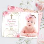 Arch Gold Glitter Pink Floral Girl Baptism Photo Invitation<br><div class="desc">Arch Gold Glitter Pink Floral Girl Baptism Photo Invitation</div>