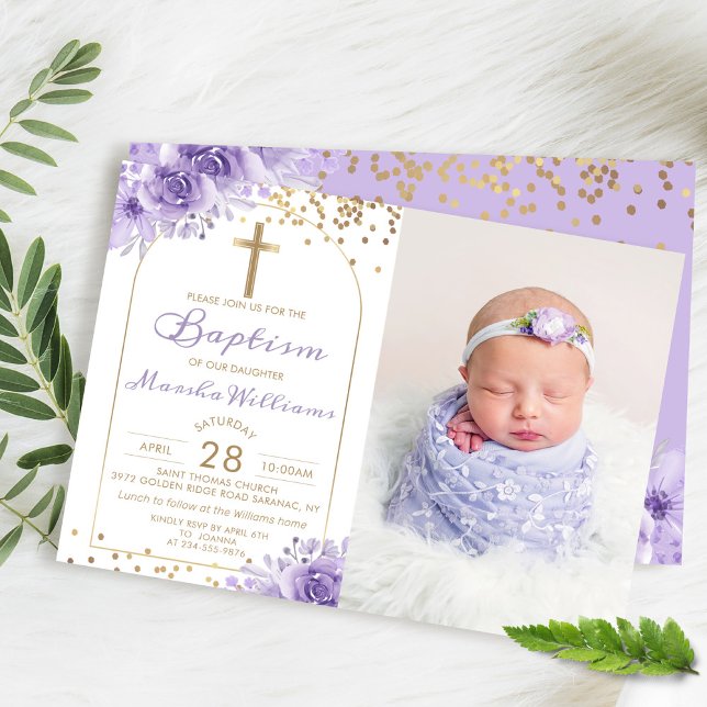Arch Gold Glitter Purple Floral Girl Baptism Photo Invitation (Creator Uploaded)