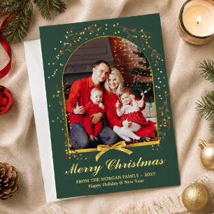 Arch Gold Green Bow 4 Photo Christmas Holiday Card