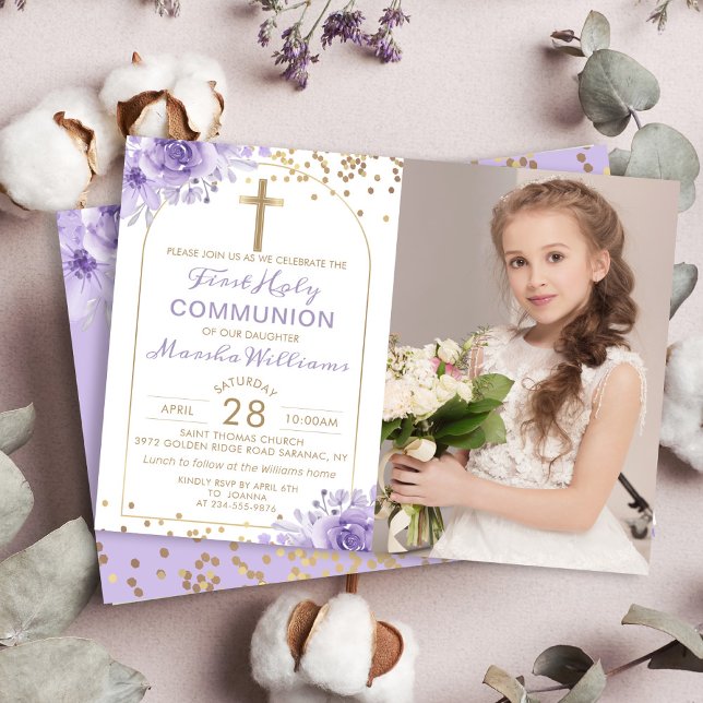 Arch Gold Purple Floral First Holy Communion Photo Invitation (Creator Uploaded)
