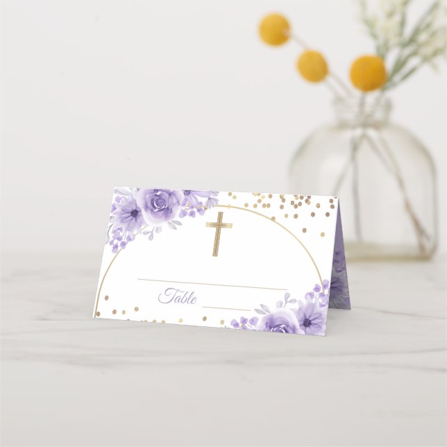 Arch Gold Purple Floral First Holy Communion Place Card (Front)
