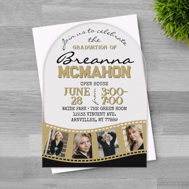 Arch Graduation Photo Filmstrip Black & Gold Acrylic Invitations (Trendy Unique Arched Bronze Gold and Black 4 Photo Filmstrip Graduation Invitation)