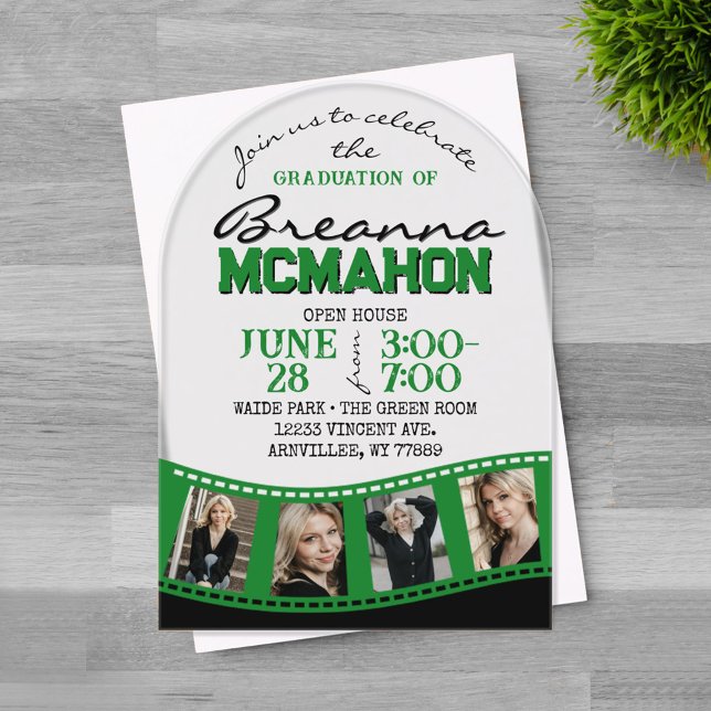 Arch Graduation Photo Filmstrip Green Frosted Acrylic Invitations (Trendy Arched Green and Black 4 Photo Filmstrip Graduation Invitation on Frosted Acrylic)
