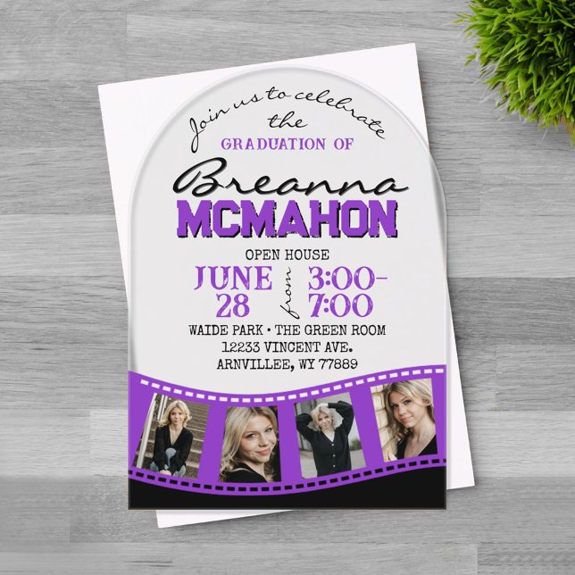 Arch Graduation Photo Filmstrip Purple Frosted Acrylic Invitations (Trendy Arched Purple and Black 4 Photo Filmstrip Graduation Invitation on Frosted Acrylic)
