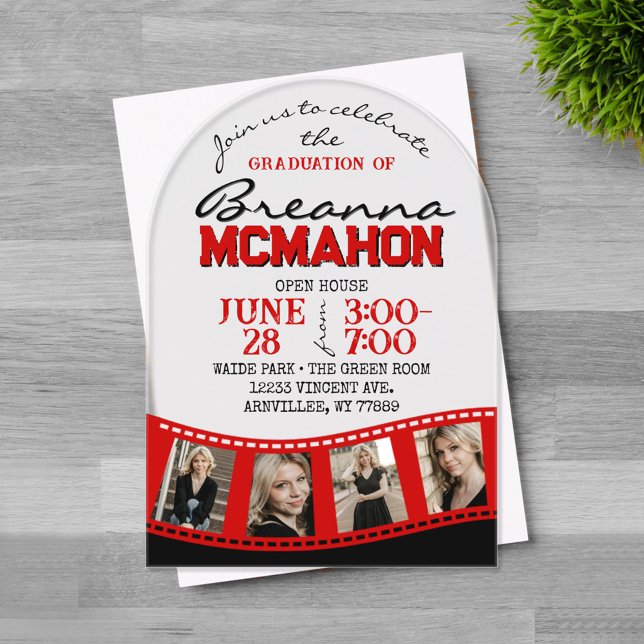 Arch Graduation Photo Filmstrip Red Black Frosted Acrylic Invitations (Trendy Arched Graduation Photo Filmstrip Red Black Frosted Acrylic Invitations on Grey Wood)