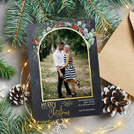 Arch Greenery Merry Christmas Photo Chalkboard<br><div class="desc">This design features watercolor holly and eucalyptus around an arched picture with a gold foil frame.</div>