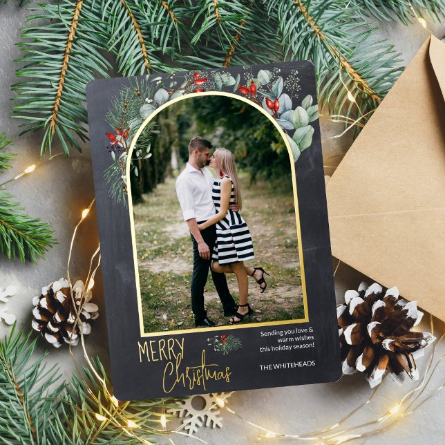 Arch Greenery Merry Christmas Photo Chalkboard (You will love these beautiful Christmas cards! They feature botanical watercolor pine and berries.)