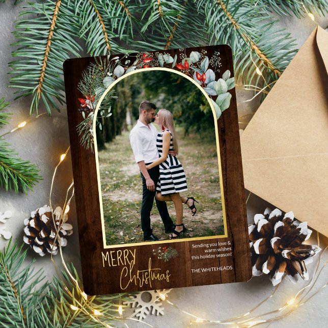 Arch Greenery Merry Christmas Photo Dark Wood (You will love these beautiful Christmas cards! They feature botanical watercolor pine and berries.)