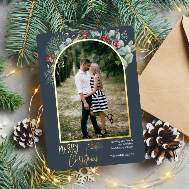 Arch Greenery Merry Christmas Photo Dusty Blue (You will love these beautiful Christmas cards! They feature botanical watercolor pine and berries.)