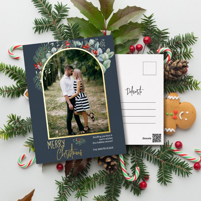 Arch Greenery Merry Christmas Photo Dusty Blue Foil Holiday Postcard (You will love these beautiful Christmas cards! They feature botanical watercolor pine and berries.)