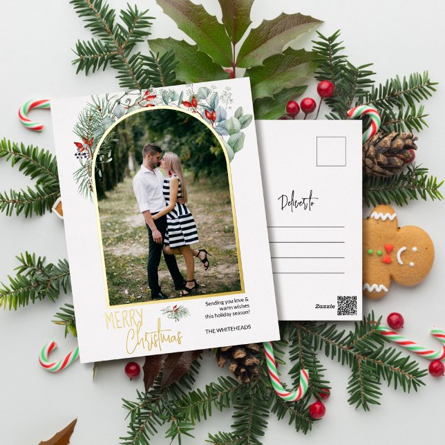Arch Greenery Merry Christmas Photo Foil Holiday Postcard (You will love these beautiful Christmas cards! They feature botanical watercolor pine and berries.)