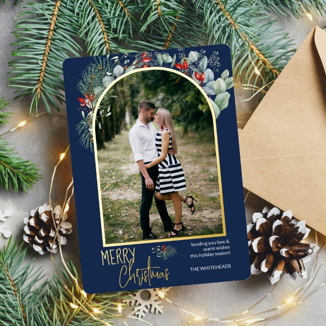 Arch Greenery Merry Christmas Photo Navy Blue (You will love these beautiful Christmas cards! They feature botanical watercolor pine and berries.)