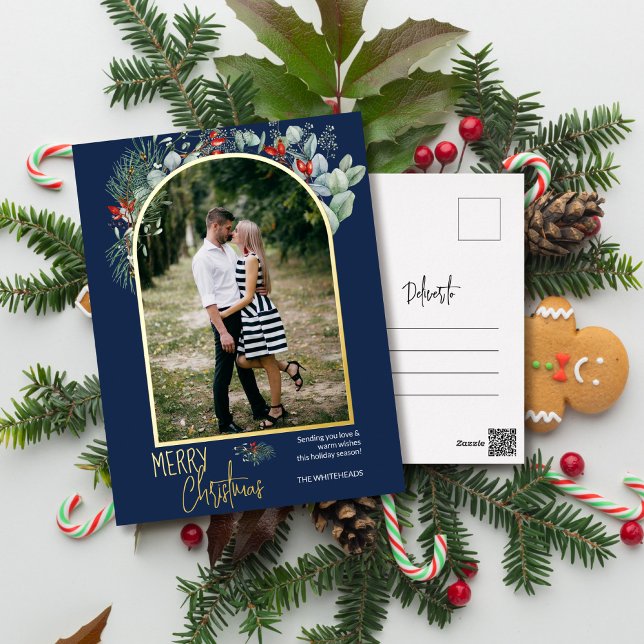 Arch Greenery Merry Christmas Photo Navy Blue Foil Holiday Postcard (You will love these beautiful Christmas cards! They feature botanical watercolor pine and berries.)