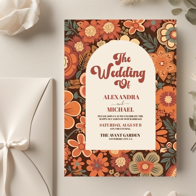 Arch Groovy Retro 70s Floral Wedding Invitation (Creator Uploaded)