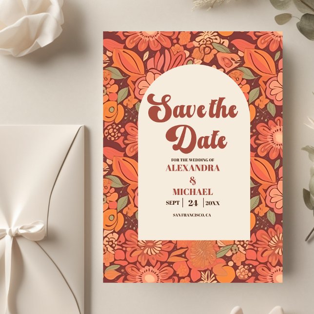 Arch Groovy Retro 70s Floral Wedding Save The Date (Creator Uploaded)