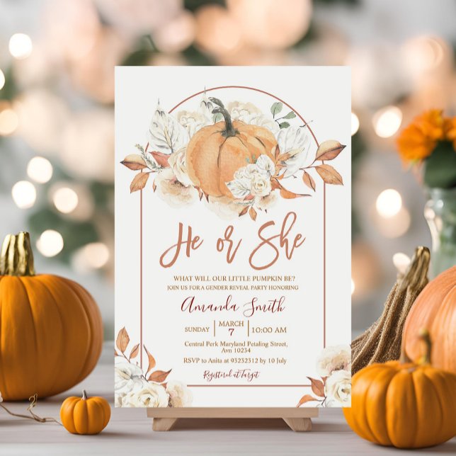 Arch He or She Boho Rustic Pumpkin Gender Reveal Invitation (Creator Uploaded)