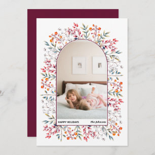 Arch leaves and berries burgundy Christmas photo Holiday Card