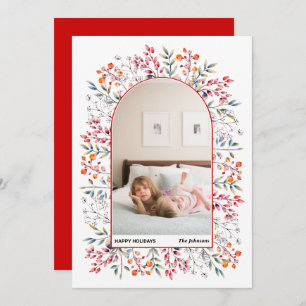 Arch leaves and berries red Christmas photo Holiday Card