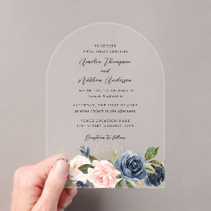 Arch Lush Gold Navy Pink Floral Wedding Acrylic Invitations